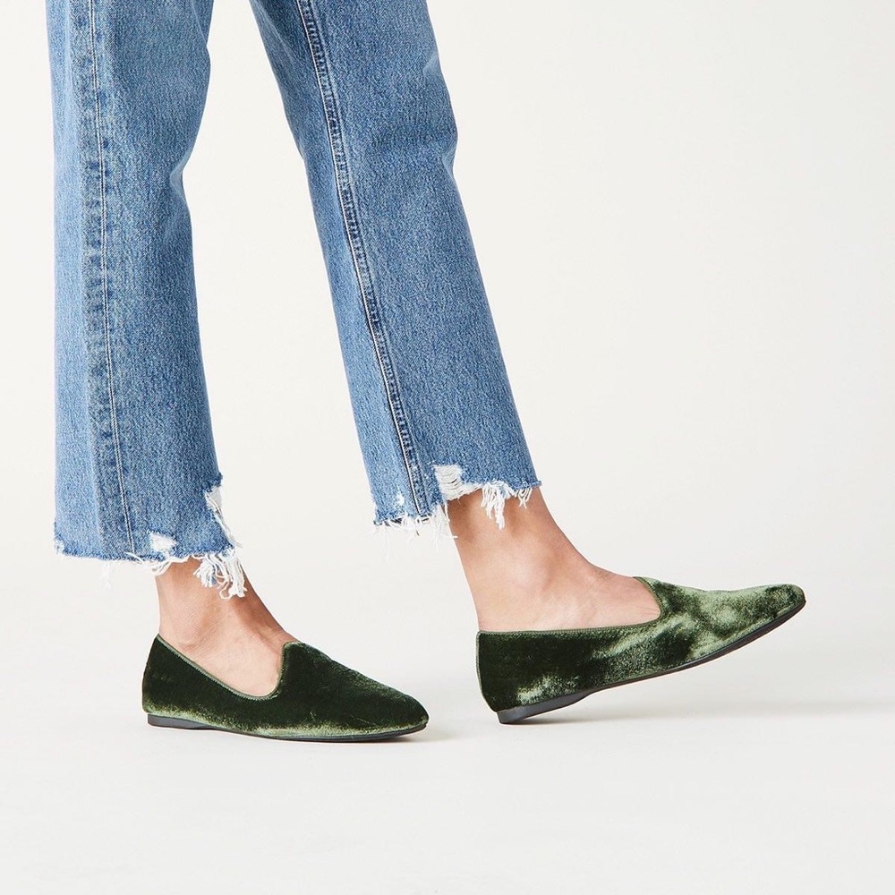 RARE & RETIRED Birdies HERON Olive Luxe Velvet Smoking Flats/Loafers/Slippers